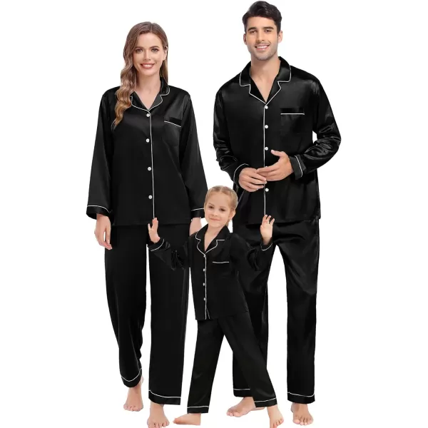 SWOMOG Family Matching Pajamas Set Silk Satin Button Down Sleepwear Long Sleeve Nightwear 2 Pcs Pj SetKids A Black