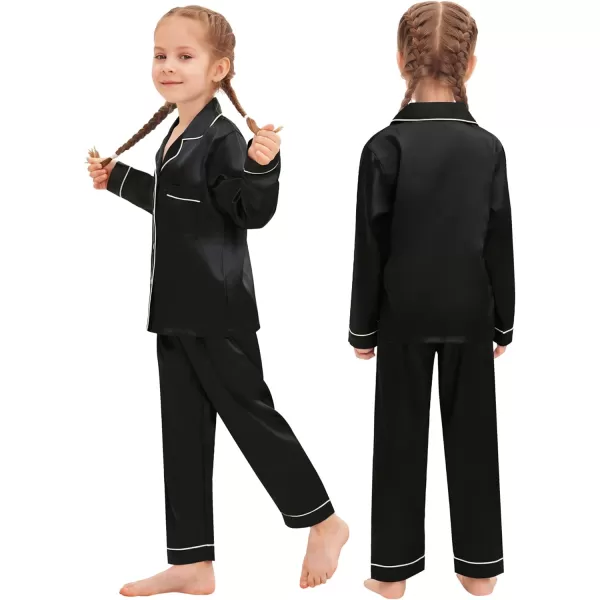 SWOMOG Family Matching Pajamas Set Silk Satin Button Down Sleepwear Long Sleeve Nightwear 2 Pcs Pj SetKids A Black