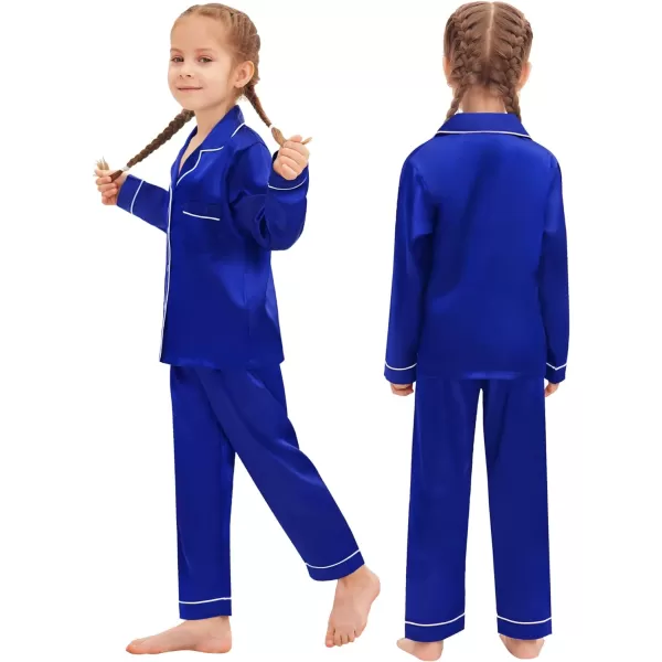 SWOMOG Family Matching Pajamas Set Silk Satin Button Down Sleepwear Long Sleeve Nightwear 2 Pcs Pj SetKids A Blue