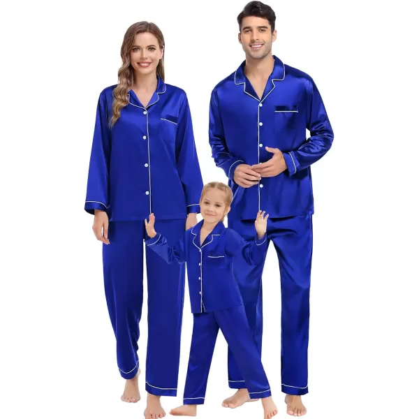 SWOMOG Family Matching Pajamas Set Silk Satin Button Down Sleepwear Long Sleeve Nightwear 2 Pcs Pj SetKids A Blue