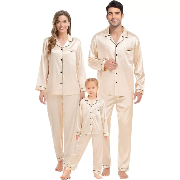 SWOMOG Family Matching Pajamas Set Silk Satin Button Down Sleepwear Long Sleeve Nightwear 2 Pcs Pj SetKids A Champagne