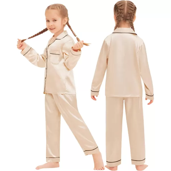 SWOMOG Family Matching Pajamas Set Silk Satin Button Down Sleepwear Long Sleeve Nightwear 2 Pcs Pj SetKids A Champagne