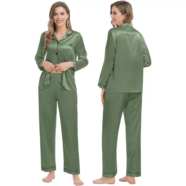 SWOMOG Family Matching Pajamas Set Silk Satin Button Down Sleepwear Long Sleeve Nightwear 2 Pcs Pj SetKids A Matcha