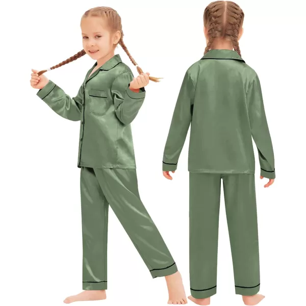 SWOMOG Family Matching Pajamas Set Silk Satin Button Down Sleepwear Long Sleeve Nightwear 2 Pcs Pj SetKids A Matcha