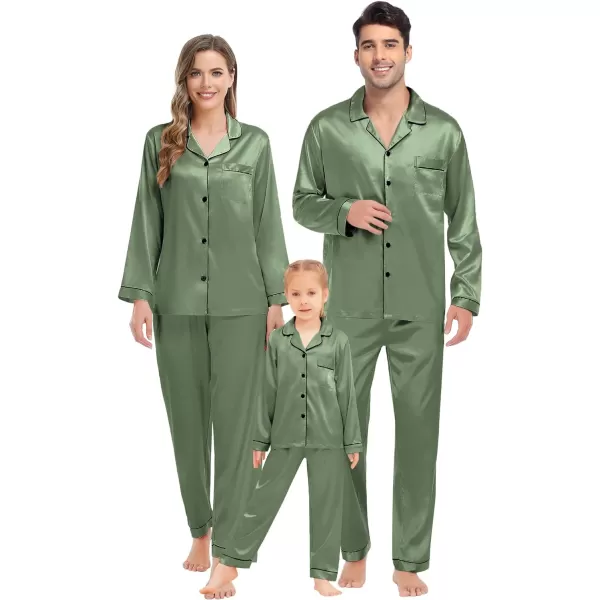 SWOMOG Family Matching Pajamas Set Silk Satin Button Down Sleepwear Long Sleeve Nightwear 2 Pcs Pj SetKids A Matcha