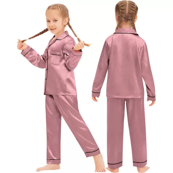 SWOMOG Family Matching Pajamas Set Silk Satin Button Down Sleepwear Long Sleeve Nightwear 2 Pcs Pj SetKids A Misty Rose