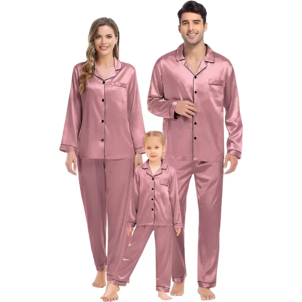 SWOMOG Family Matching Pajamas Set Silk Satin Button Down Sleepwear Long Sleeve Nightwear 2 Pcs Pj SetKids A Misty Rose