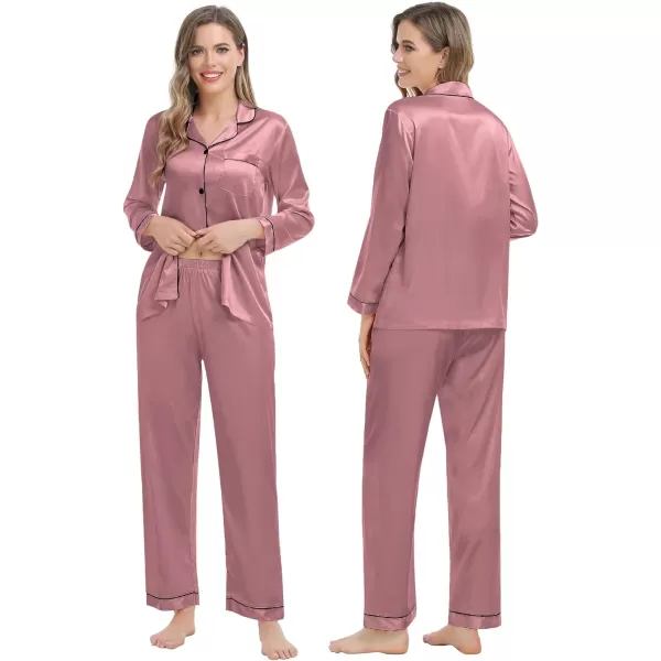 SWOMOG Family Matching Pajamas Set Silk Satin Button Down Sleepwear Long Sleeve Nightwear 2 Pcs Pj SetKids A Misty Rose