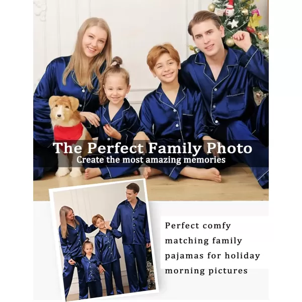 SWOMOG Family Matching Pajamas Set Silk Satin Button Down Sleepwear Long Sleeve Nightwear 2 Pcs Pj SetKids A Navy Blue