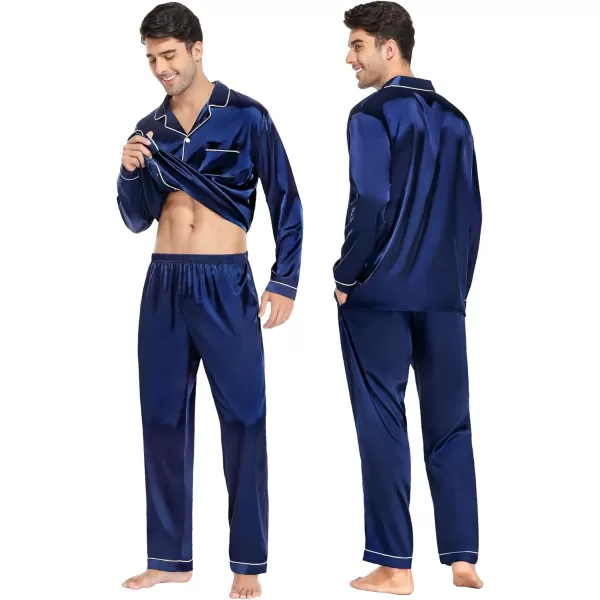 SWOMOG Family Matching Pajamas Set Silk Satin Button Down Sleepwear Long Sleeve Nightwear 2 Pcs Pj SetKids A Navy Blue