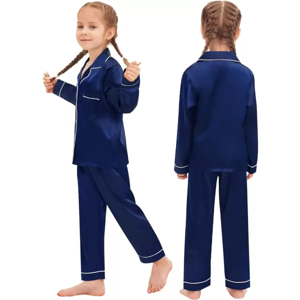 SWOMOG Family Matching Pajamas Set Silk Satin Button Down Sleepwear Long Sleeve Nightwear 2 Pcs Pj SetKids A Navy Blue