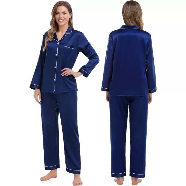 SWOMOG Family Matching Pajamas Set Silk Satin Button Down Sleepwear Long Sleeve Nightwear 2 Pcs Pj SetKids A Navy Blue