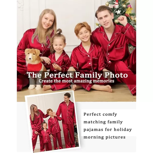 SWOMOG Family Matching Pajamas Set Silk Satin Button Down Sleepwear Long Sleeve Nightwear 2 Pcs Pj SetKids A Red