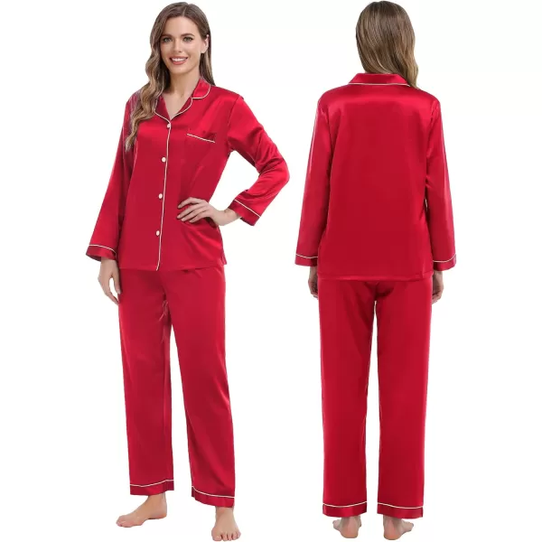 SWOMOG Family Matching Pajamas Set Silk Satin Button Down Sleepwear Long Sleeve Nightwear 2 Pcs Pj SetKids A Red