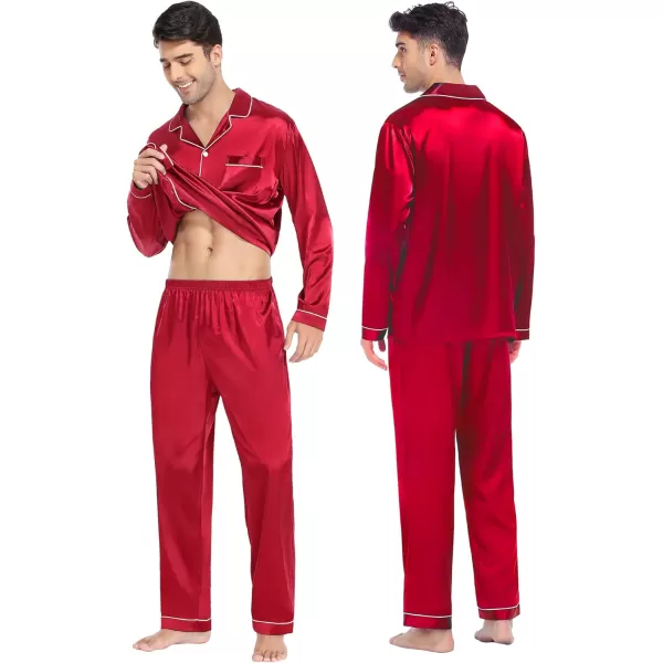 SWOMOG Family Matching Pajamas Set Silk Satin Button Down Sleepwear Long Sleeve Nightwear 2 Pcs Pj SetKids A Red