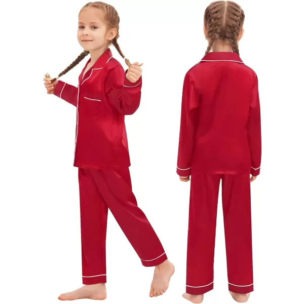 SWOMOG Family Matching Pajamas Set Silk Satin Button Down Sleepwear Long Sleeve Nightwear 2 Pcs Pj SetKids A Red