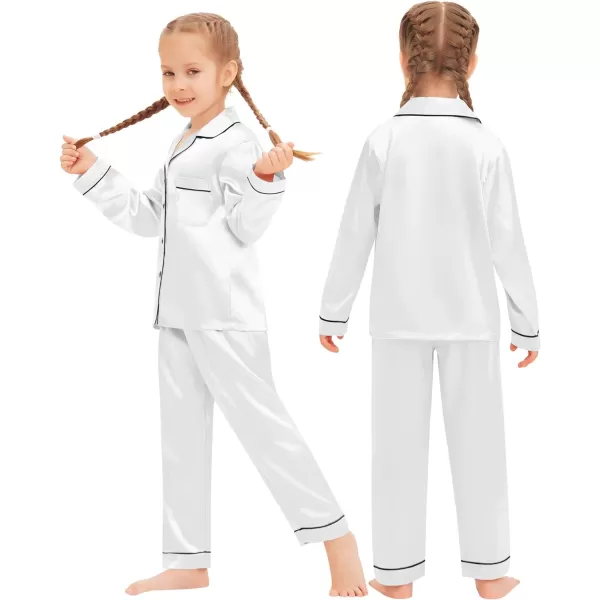 SWOMOG Family Matching Pajamas Set Silk Satin Button Down Sleepwear Long Sleeve Nightwear 2 Pcs Pj SetKids A White