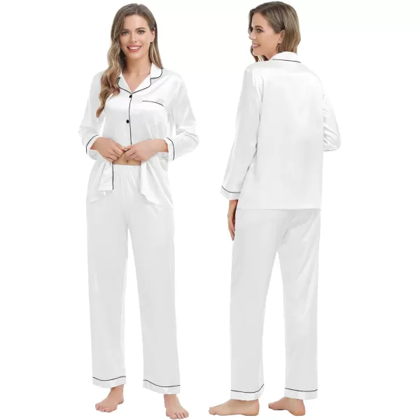 SWOMOG Family Matching Pajamas Set Silk Satin Button Down Sleepwear Long Sleeve Nightwear 2 Pcs Pj SetKids A White