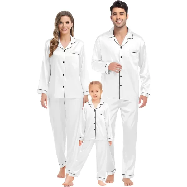 SWOMOG Family Matching Pajamas Set Silk Satin Button Down Sleepwear Long Sleeve Nightwear 2 Pcs Pj SetKids A White