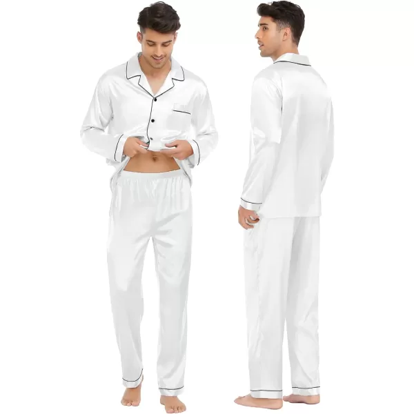 SWOMOG Family Matching Pajamas Set Silk Satin Button Down Sleepwear Long Sleeve Nightwear 2 Pcs Pj SetKids A White