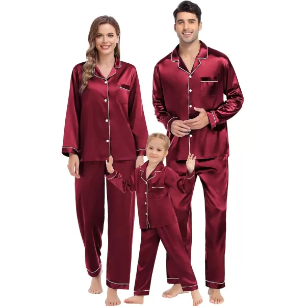 SWOMOG Family Matching Pajamas Set Silk Satin Button Down Sleepwear Long Sleeve Nightwear 2 Pcs Pj SetKids A Wine Red