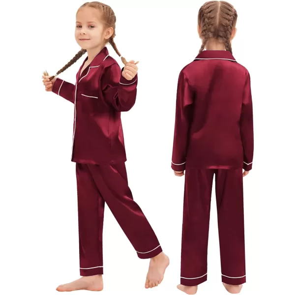 SWOMOG Family Matching Pajamas Set Silk Satin Button Down Sleepwear Long Sleeve Nightwear 2 Pcs Pj SetKids A Wine Red