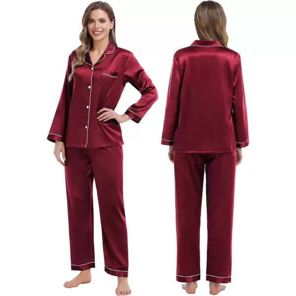 SWOMOG Family Matching Pajamas Set Silk Satin Button Down Sleepwear Long Sleeve Nightwear 2 Pcs Pj SetKids A Wine Red