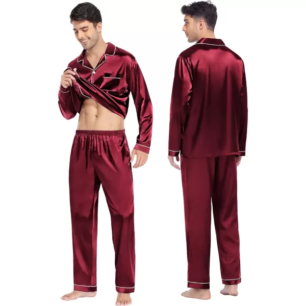 SWOMOG Family Matching Pajamas Set Silk Satin Button Down Sleepwear Long Sleeve Nightwear 2 Pcs Pj SetKids A Wine Red