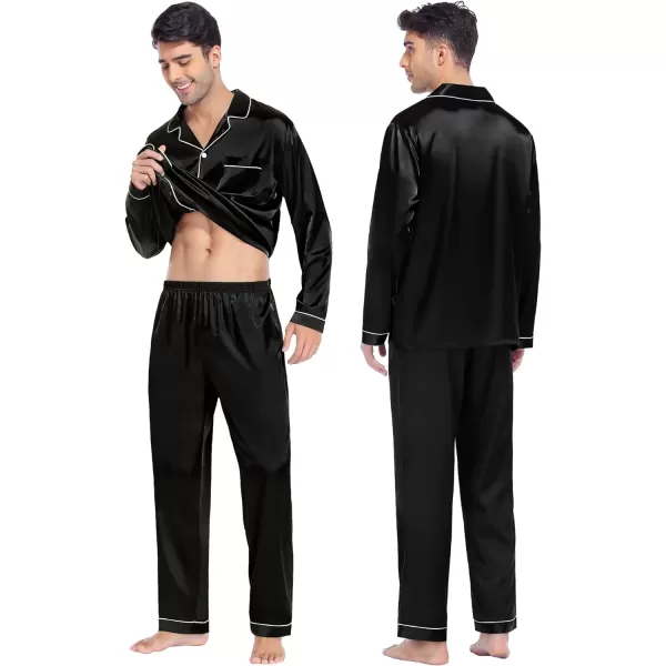 SWOMOG Family Matching Pajamas Set Silk Satin Button Down Sleepwear Long Sleeve Nightwear 2 Pcs Pj SetMen A Black