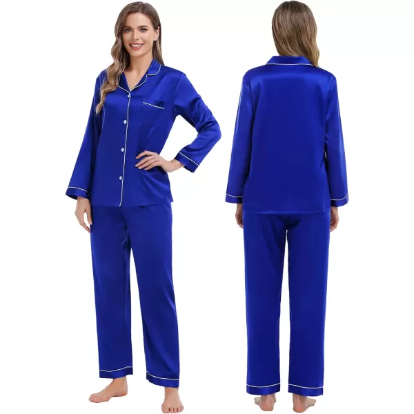 SWOMOG Family Matching Pajamas Set Silk Satin Button Down Sleepwear Long Sleeve Nightwear 2 Pcs Pj SetMen A Blue