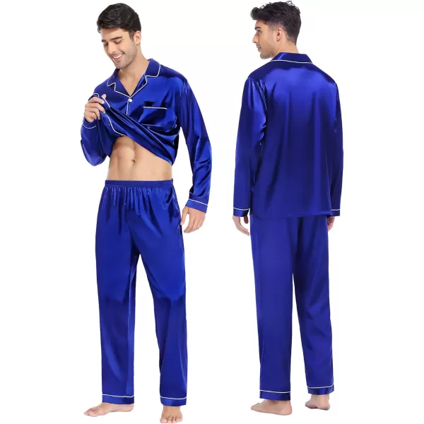 SWOMOG Family Matching Pajamas Set Silk Satin Button Down Sleepwear Long Sleeve Nightwear 2 Pcs Pj SetMen A Blue