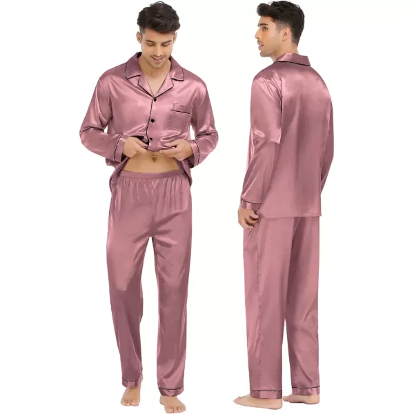 SWOMOG Family Matching Pajamas Set Silk Satin Button Down Sleepwear Long Sleeve Nightwear 2 Pcs Pj SetMen A Misty Rose