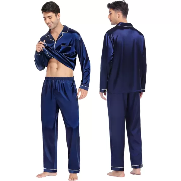 SWOMOG Family Matching Pajamas Set Silk Satin Button Down Sleepwear Long Sleeve Nightwear 2 Pcs Pj SetMen A Navy Blue