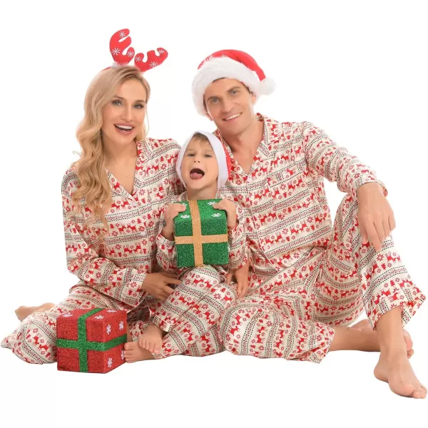 SWOMOG Family Matching Pajamas Set Silk Satin Button Down Sleepwear Long Sleeve Nightwear 2 Pcs Pj SetMen Champagne With Snowflake amp Deer