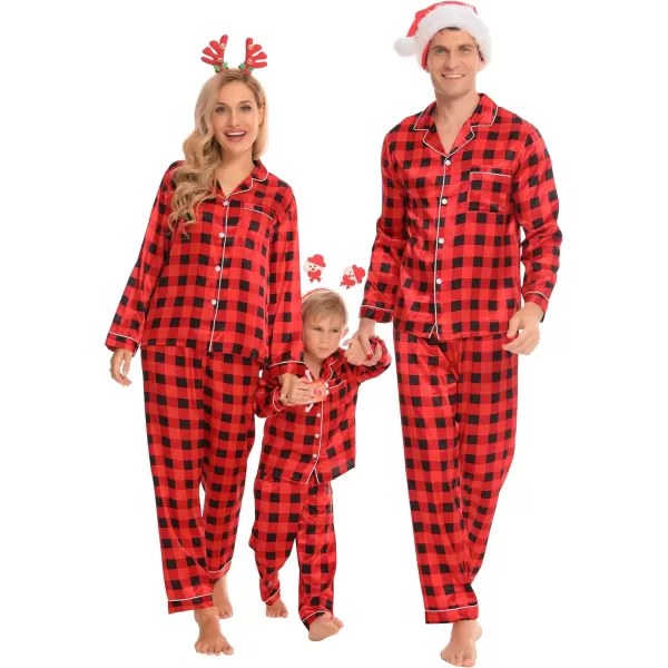 SWOMOG Family Matching Pajamas Set Silk Satin Button Down Sleepwear Long Sleeve Nightwear 2 Pcs Pj SetMen Red With Black Grid