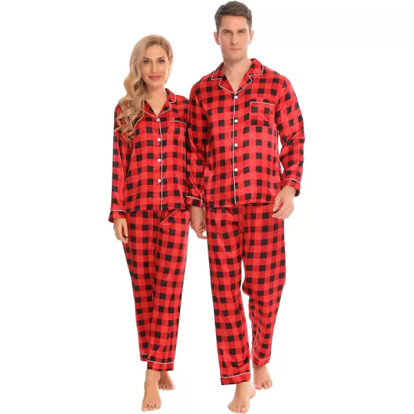 SWOMOG Family Matching Pajamas Set Silk Satin Button Down Sleepwear Long Sleeve Nightwear 2 Pcs Pj SetMen Red With Black Grid