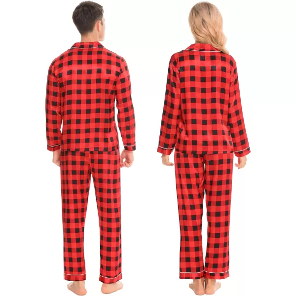 SWOMOG Family Matching Pajamas Set Silk Satin Button Down Sleepwear Long Sleeve Nightwear 2 Pcs Pj SetMen Red With Black Grid