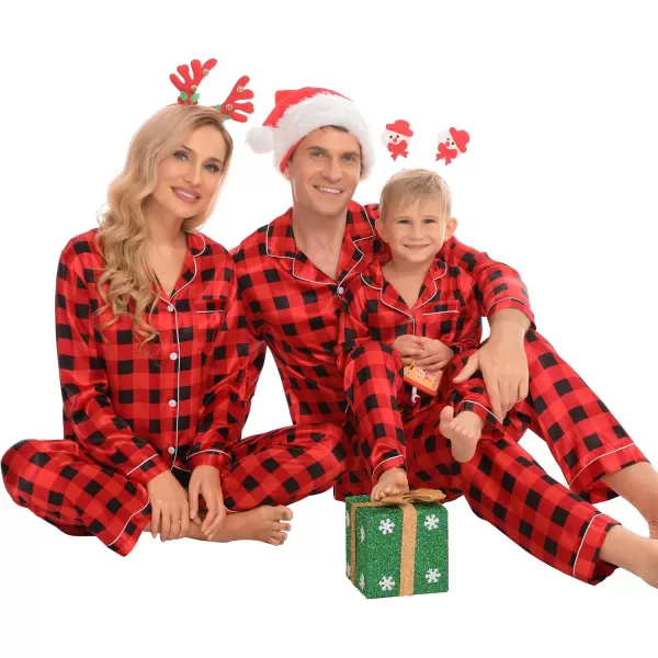 SWOMOG Family Matching Pajamas Set Silk Satin Button Down Sleepwear Long Sleeve Nightwear 2 Pcs Pj SetMen Red With Black Grid