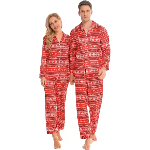 SWOMOG Family Matching Pajamas Set Silk Satin Button Down Sleepwear Long Sleeve Nightwear 2 Pcs Pj SetMen Red With Snowflake amp Deer