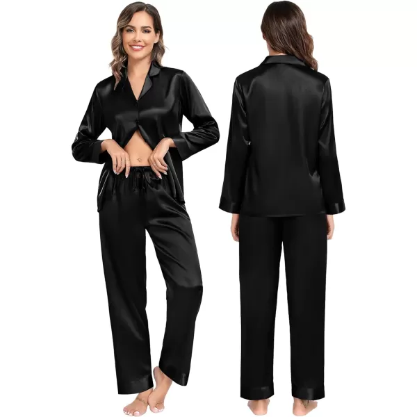 SWOMOG Family Matching Pajamas Silk Satin Long Sleeve Sleepwear Soft Button Down Loungewear 2 Pcs Pj SetKids Black