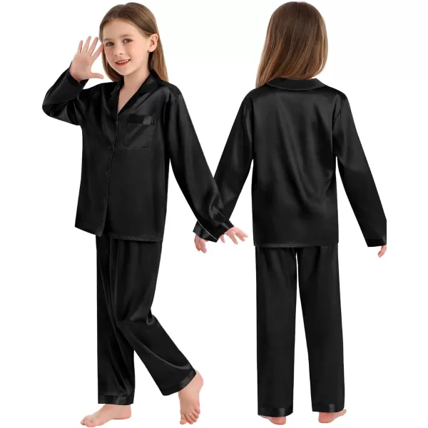 SWOMOG Family Matching Pajamas Silk Satin Long Sleeve Sleepwear Soft Button Down Loungewear 2 Pcs Pj SetKids Black