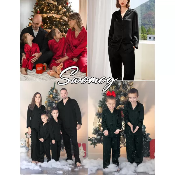 SWOMOG Family Matching Pajamas Silk Satin Long Sleeve Sleepwear Soft Button Down Loungewear 2 Pcs Pj SetKids Black