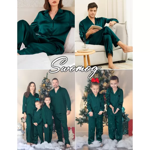 SWOMOG Family Matching Pajamas Silk Satin Long Sleeve Sleepwear Soft Button Down Loungewear 2 Pcs Pj SetKids Dark Green