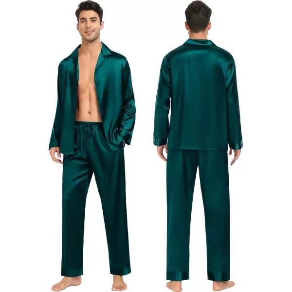 SWOMOG Family Matching Pajamas Silk Satin Long Sleeve Sleepwear Soft Button Down Loungewear 2 Pcs Pj SetKids Dark Green