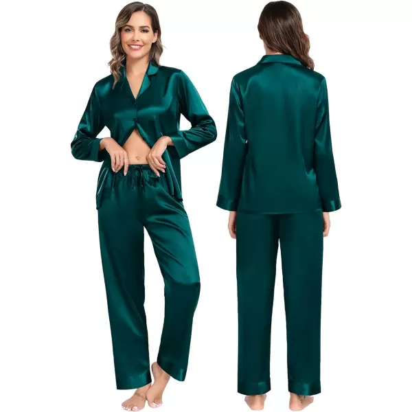 SWOMOG Family Matching Pajamas Silk Satin Long Sleeve Sleepwear Soft Button Down Loungewear 2 Pcs Pj SetKids Dark Green