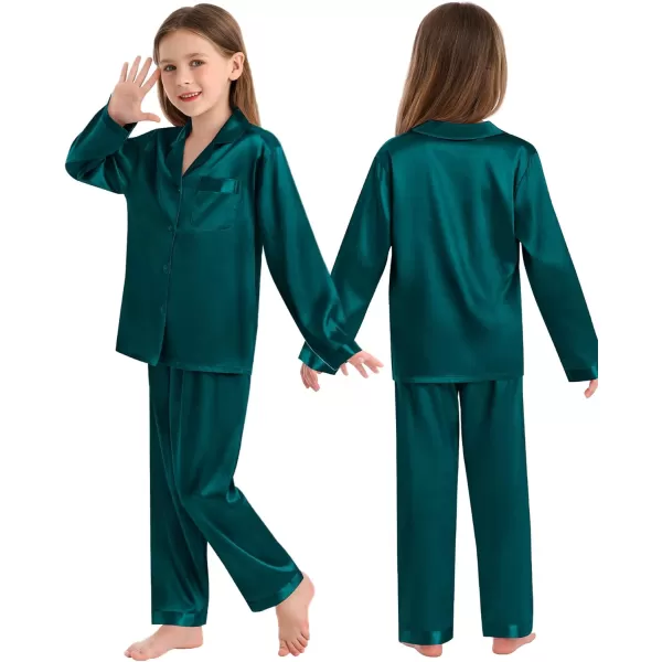 SWOMOG Family Matching Pajamas Silk Satin Long Sleeve Sleepwear Soft Button Down Loungewear 2 Pcs Pj SetKids Dark Green