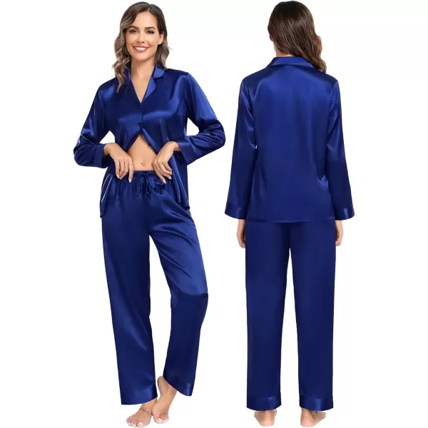 SWOMOG Family Matching Pajamas Silk Satin Long Sleeve Sleepwear Soft Button Down Loungewear 2 Pcs Pj SetKids Navy Blue