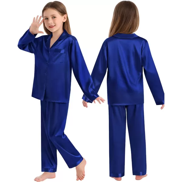 SWOMOG Family Matching Pajamas Silk Satin Long Sleeve Sleepwear Soft Button Down Loungewear 2 Pcs Pj SetKids Navy Blue