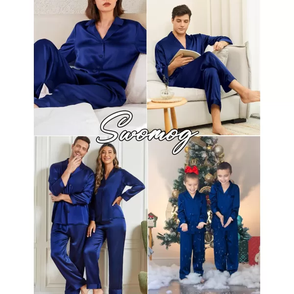 SWOMOG Family Matching Pajamas Silk Satin Long Sleeve Sleepwear Soft Button Down Loungewear 2 Pcs Pj SetKids Navy Blue