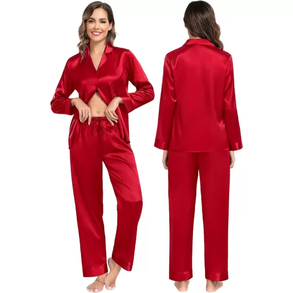 SWOMOG Family Matching Pajamas Silk Satin Long Sleeve Sleepwear Soft Button Down Loungewear 2 Pcs Pj SetKids Red